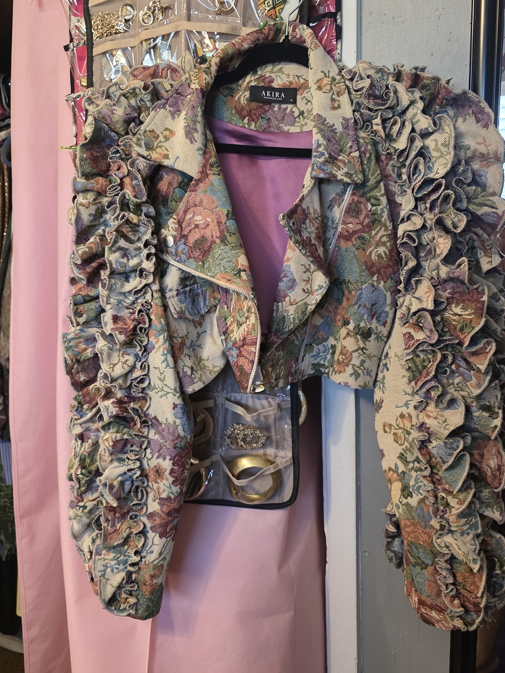 AKIRA Floral Ruffle Cropped Bomber Jacket in Pink, Green, Blue